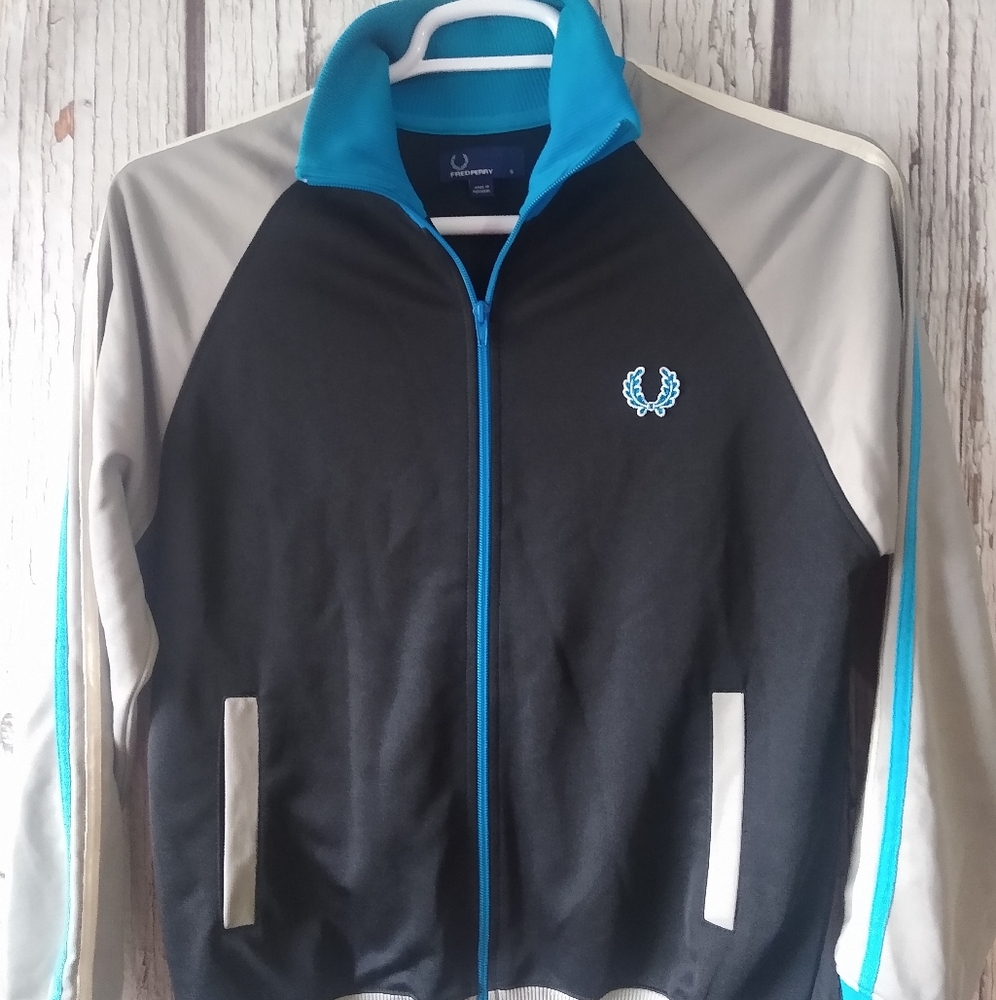 Fred Perry Full Zip Track Jacket Black & Gray Men's Small Mock Neck Blue Stripes